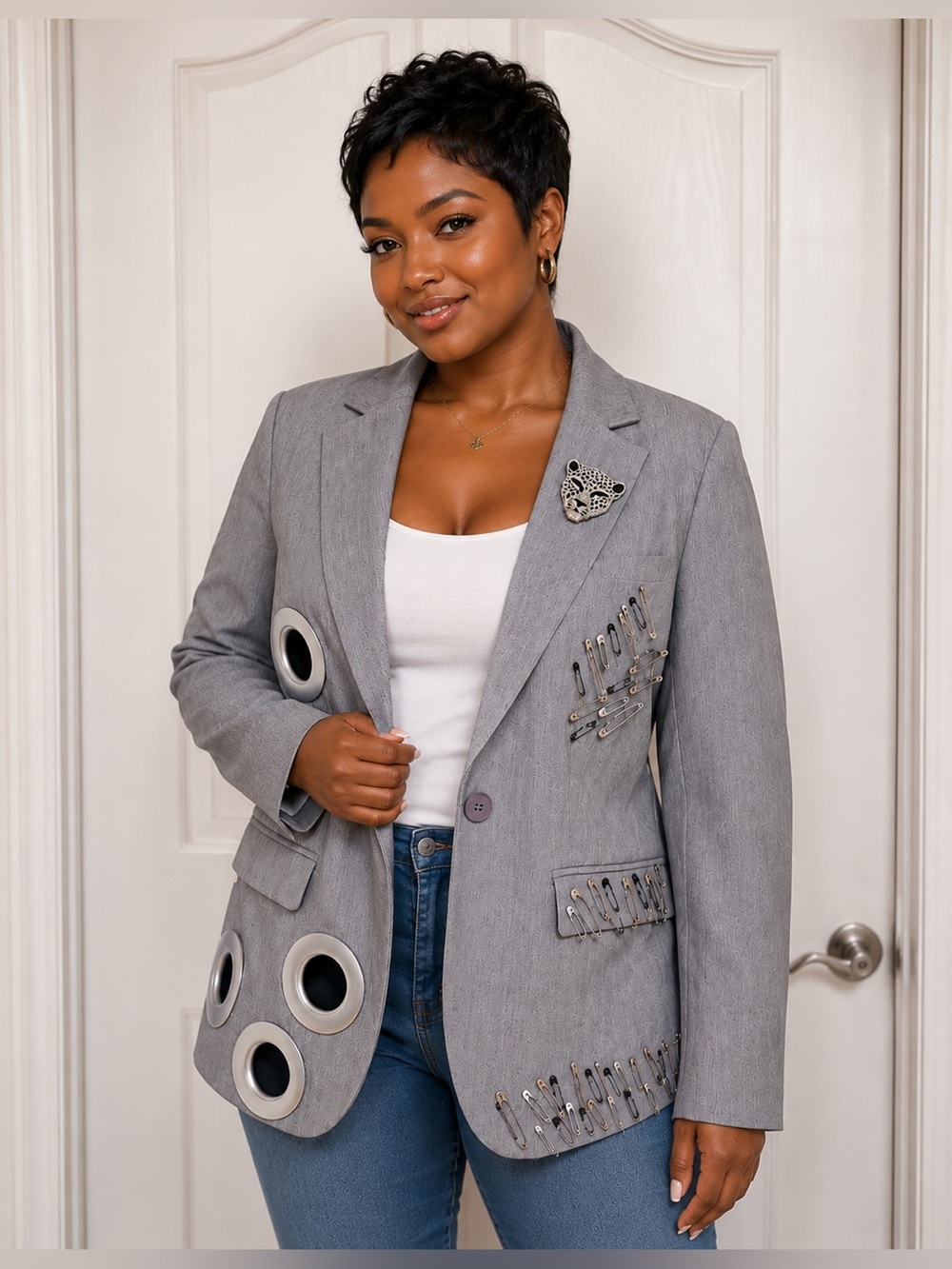 Upcycled Gray pin Embellished grommet Blazer size M